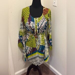 Amiani Resort Printed Coverup Mini Dress Tie Waist Fit Flare Size S M NEW $90